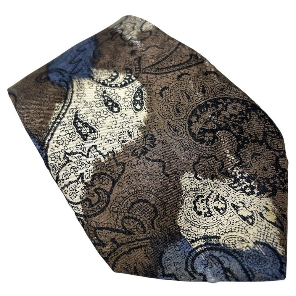 Pierre Balmain mens silk necktie abstract brown white blue paisley print Vtg